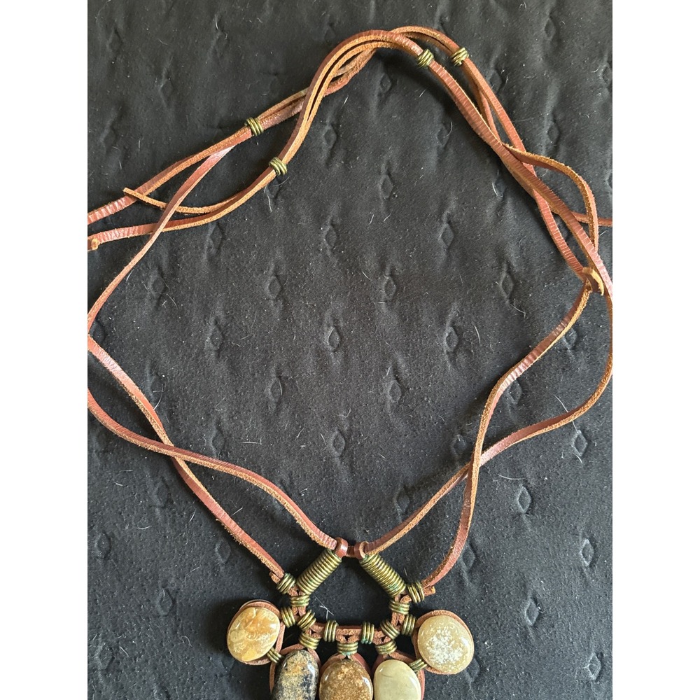 Boho Leather Wrapped Jasper Stone Pendant Necklace Artisan Natural Earthy Rustic - Picture 2 of 6